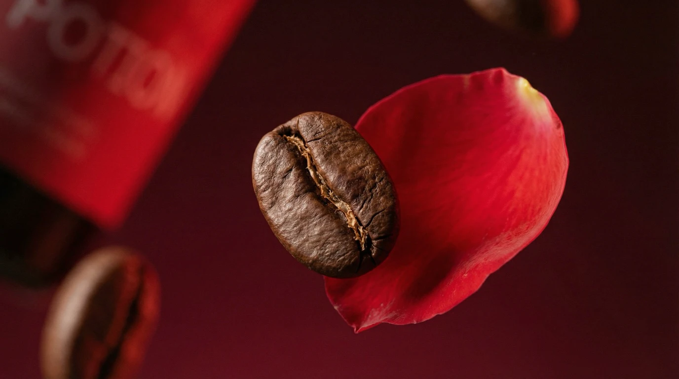 Floating coffee bean cradled by a red rose petal on deep burgundy background
