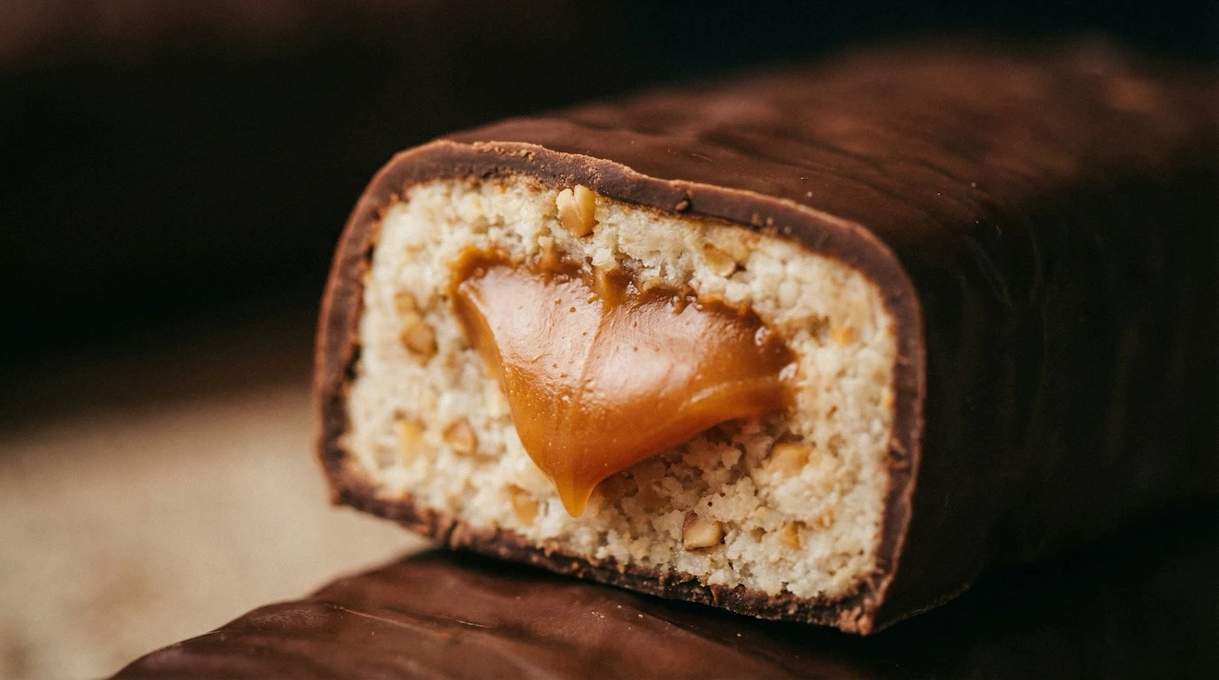 Cross-section of chocolate-coated protein bar with caramel center