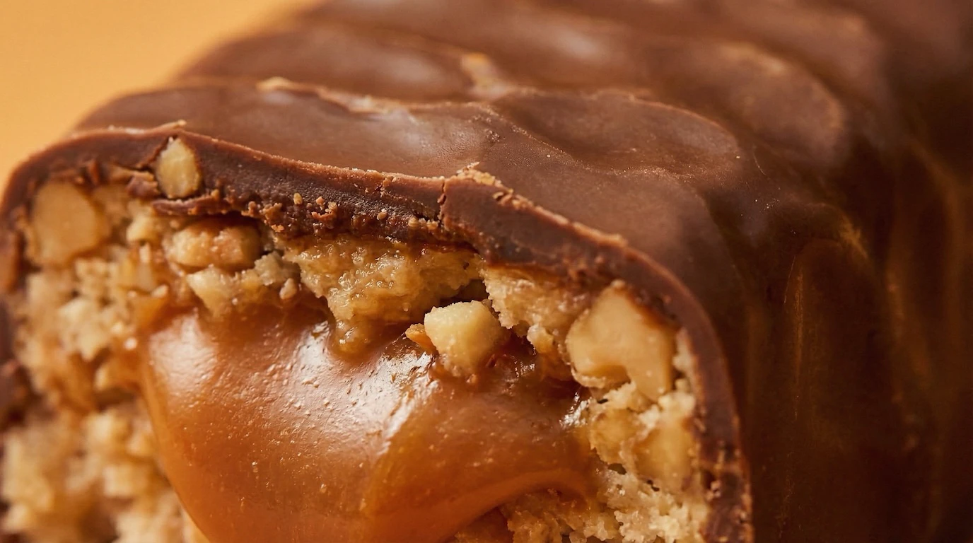 Extreme close-up of protein bar cross-section with glossy caramel