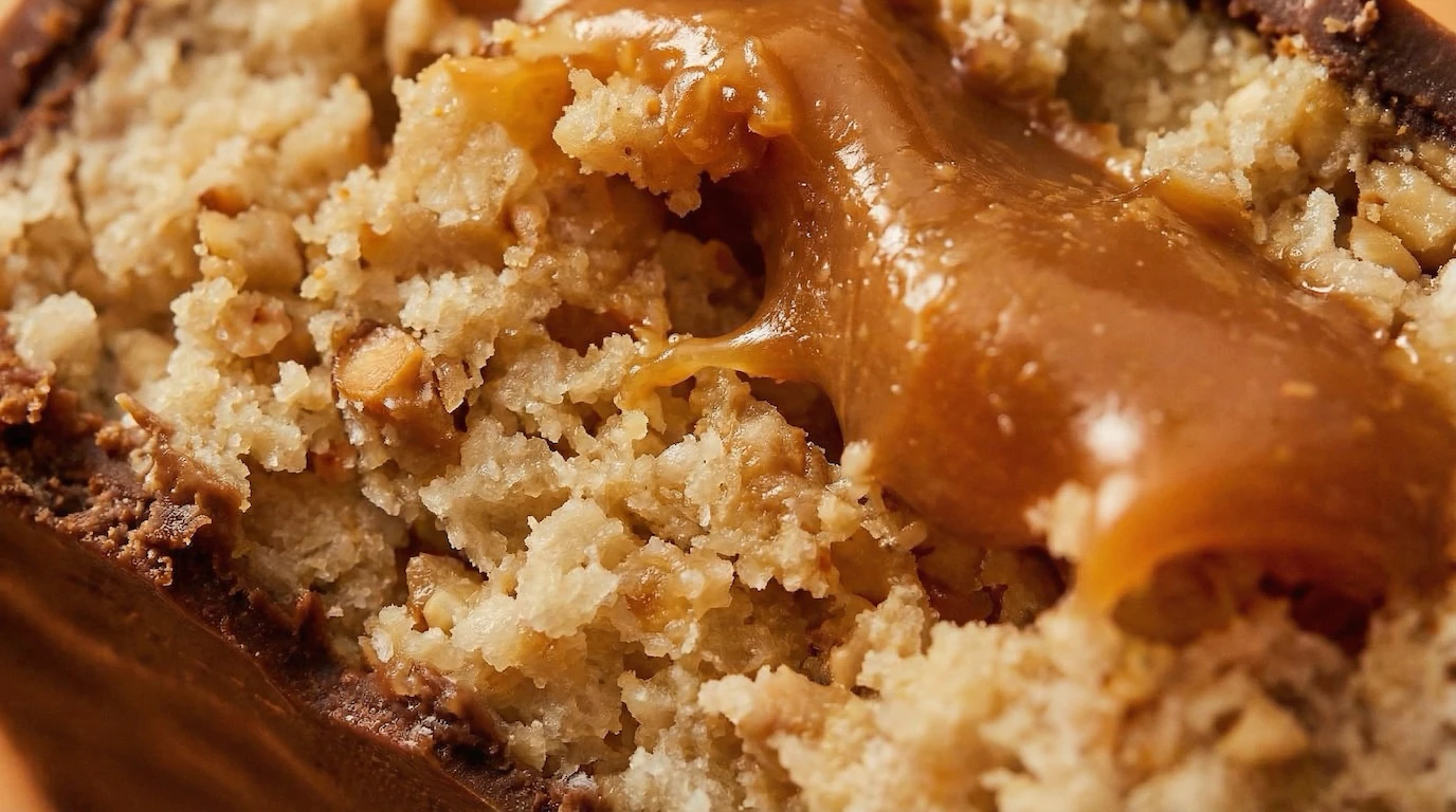 Macro detail of protein bar texture with chopped nuts and caramel