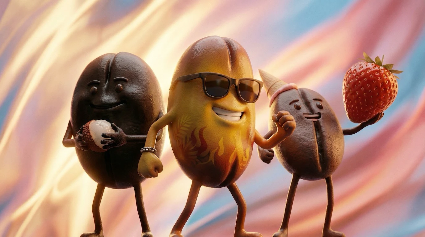 Three anthropomorphic coffee beans with sunglasses, lychee, strawberry, and an ice-cream-cone hat against billowing gold, pink, and blue silk