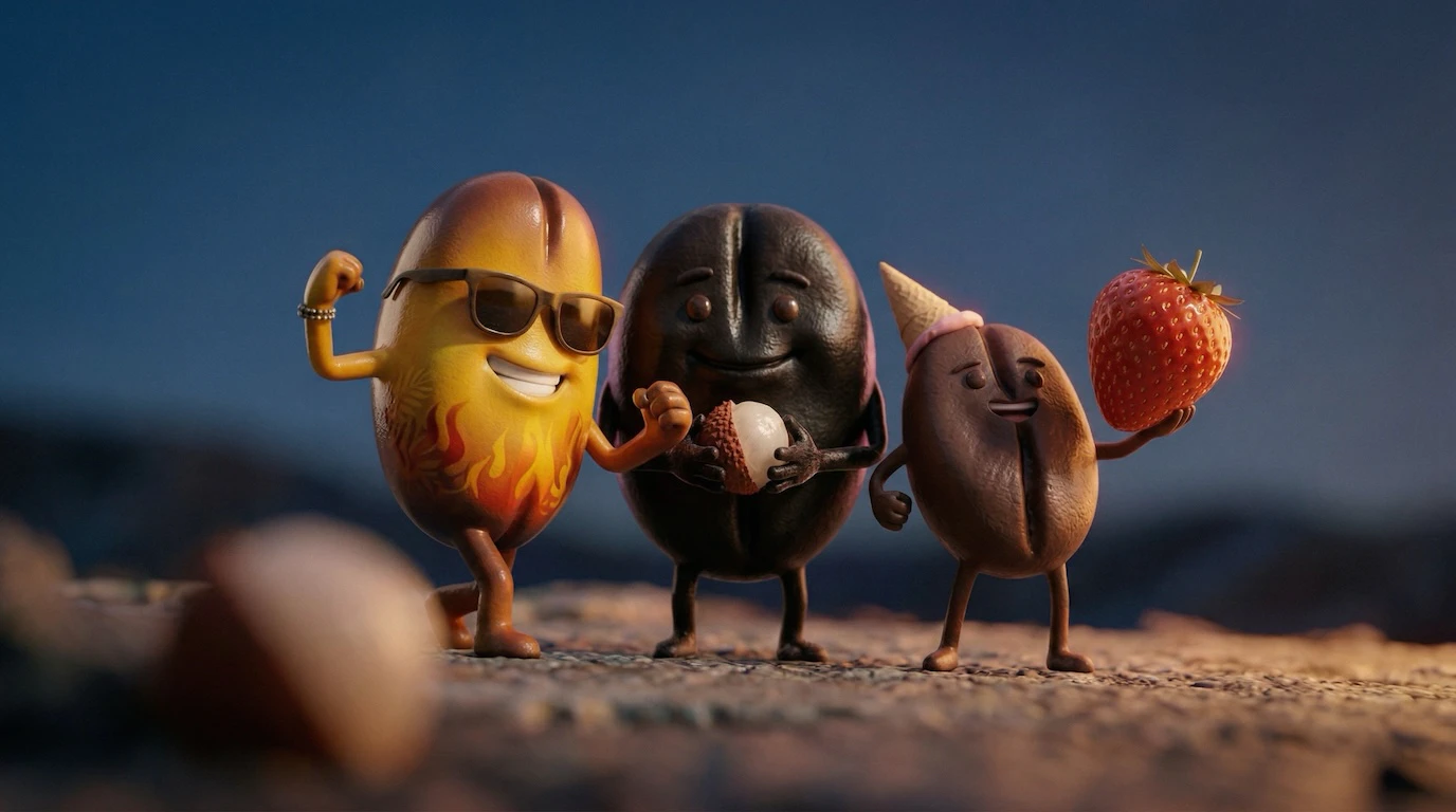 Three coffee bean characters on rocky ground with a flexing bean in shades, lychee, and strawberry with ice-cream hat in warm dramatic light