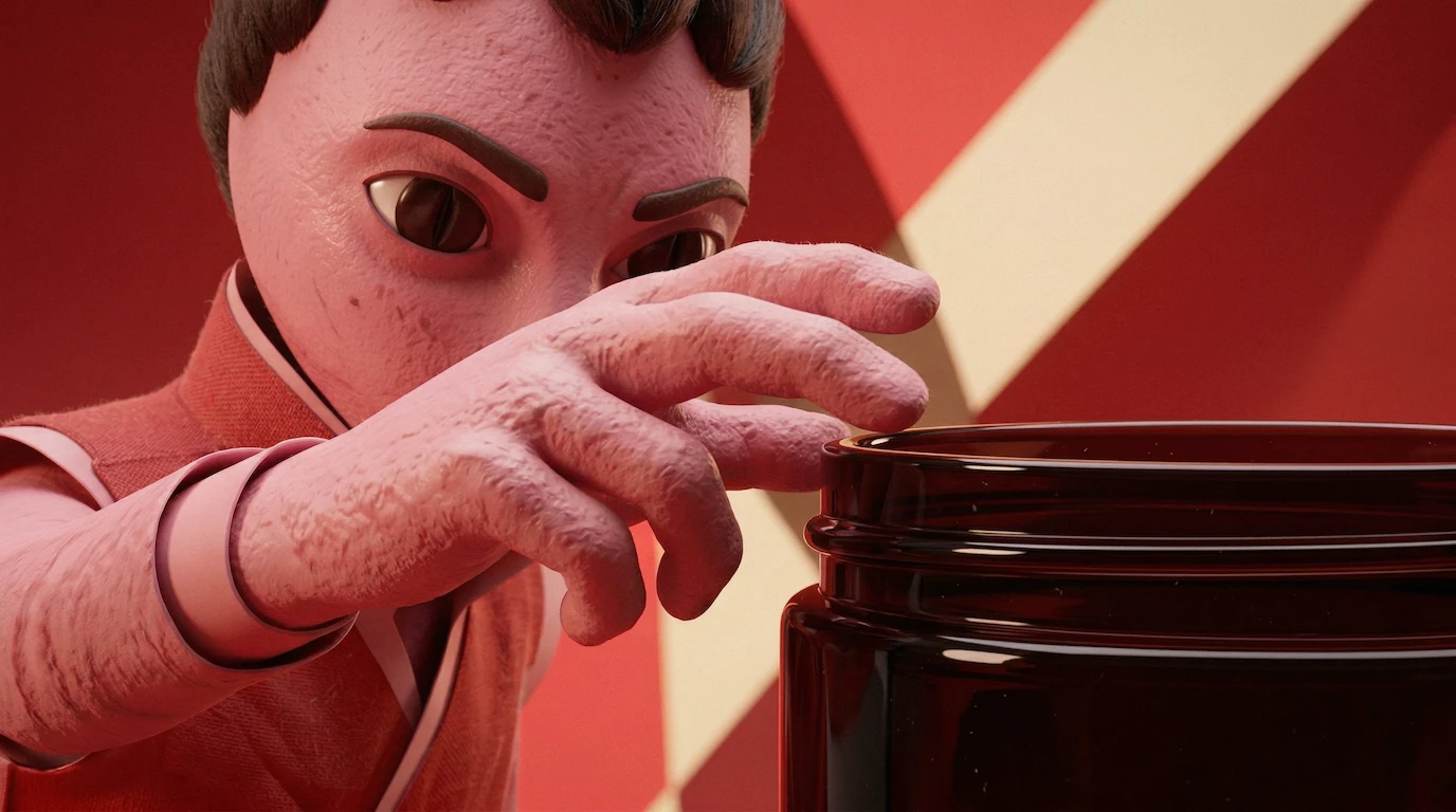 Stylized pink-skinned character with large eyes reaching toward a dark amber glass jar in an abstract red and cream interior