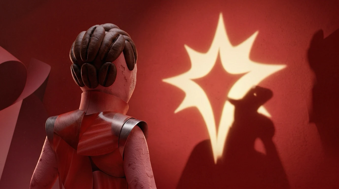 Back view of a figure with hair made of coffee beans facing a red wall, bright star-shaped light casting a bean-textured shadow
